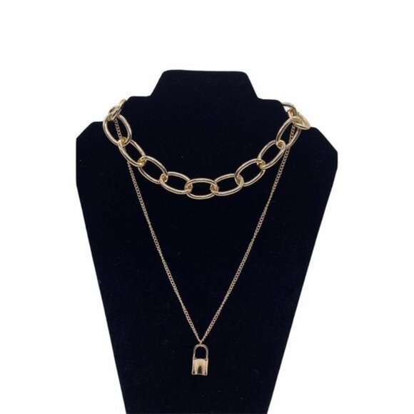 PadLock Layered Necklace Women’s Gold Tone Punk Jewelry - Picture 2 of 12